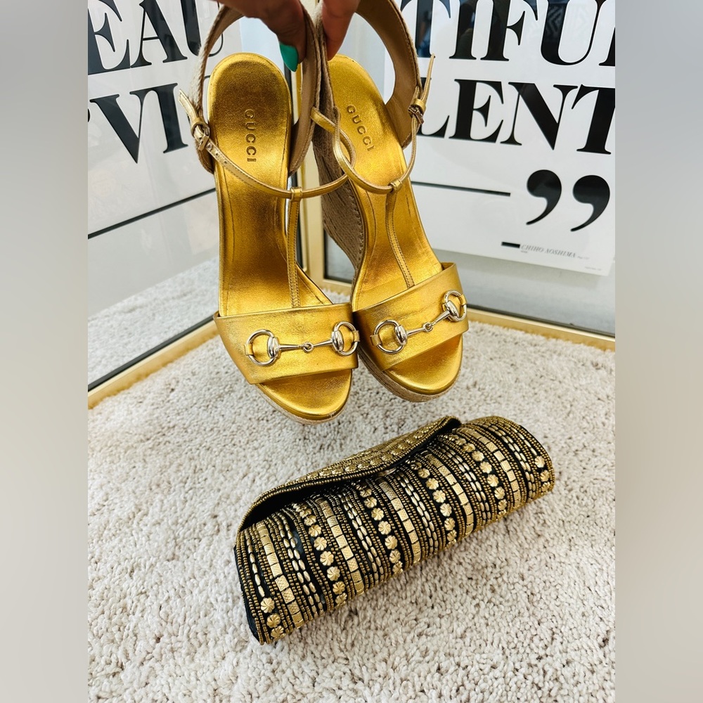 Authentic Gucci Genuine Gold Leather Wedge Platform Espadrilles w Horsebit 39.5 - Picture 3 of 9